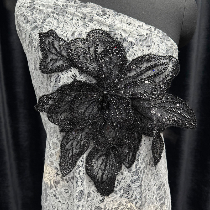 GCW DH001 Black Sequin Beaded Flower Applique with Leaf for Bridal Dress